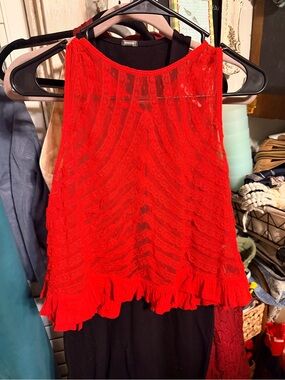 Free People Red Lace Ruffled Sleeveless Top sz S